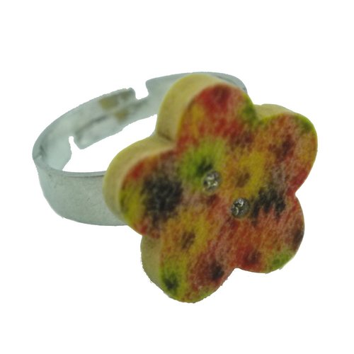 Bague bouton fleur en bois fleurs multicolores