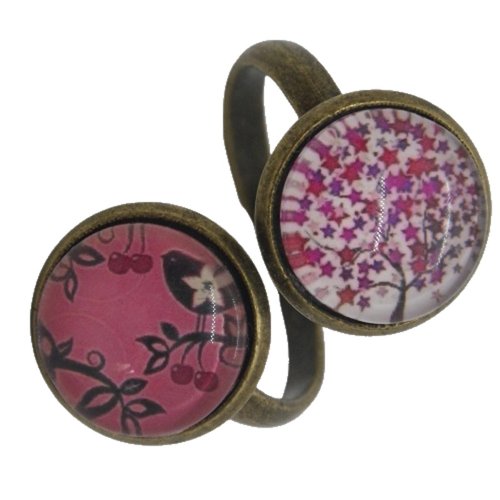 Bague double rose cabochons arbre et oiseau