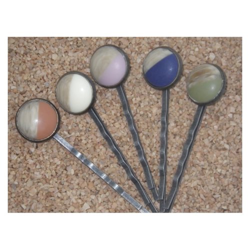 Lot de 5 barrettes bronze et cabochons motif bois