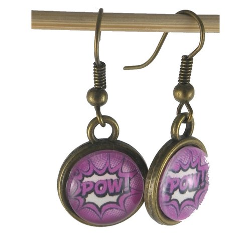 Boucles d'oreilles bronze et cabochon rose fuchsia "pow"