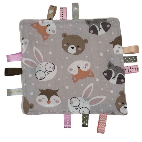 Doudou étiquettes beige et rose petits animaux