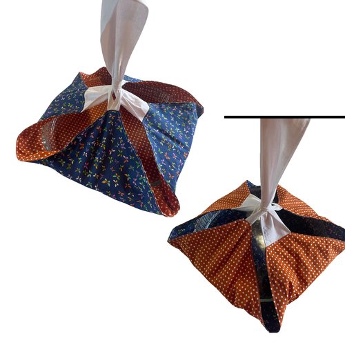 Sac à tarte réversible bleu et papillons / orange à pois
