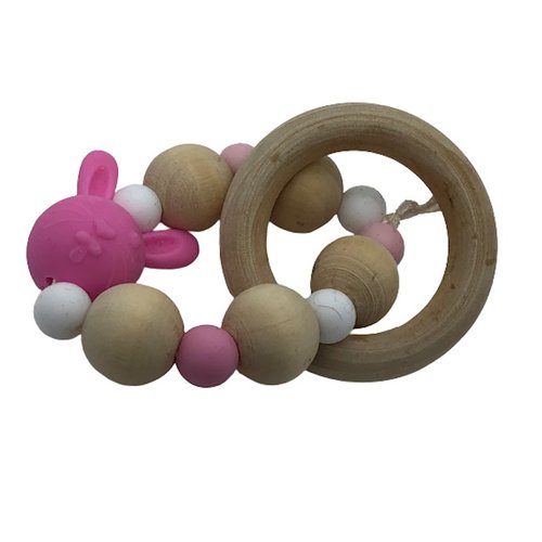 Hochet de dentition tortue beige et fuchsia inspiration montessori