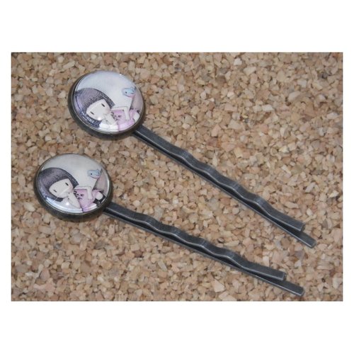 Lot de 2 barrettes en métal couleur bronze et cabochon petite fille