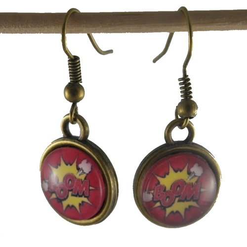 Boucles d'oreilles bronze et cabochon rouge et jaune "boom"