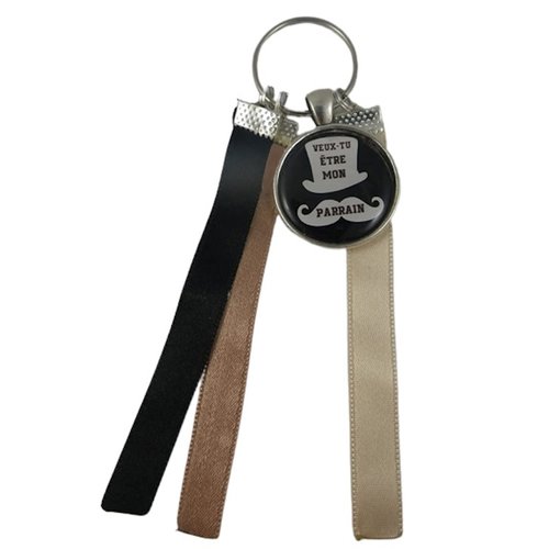 Porte clés beige et noir "veux-tu être mon parrain ?"