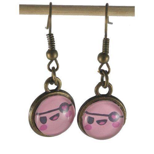 Boucles d'oreilles bronze et cabochon kawaii tête / visage rose