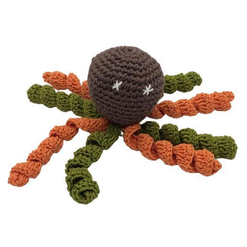 Pieuvre marron, orange et verte au crochet pour nouveau-né
