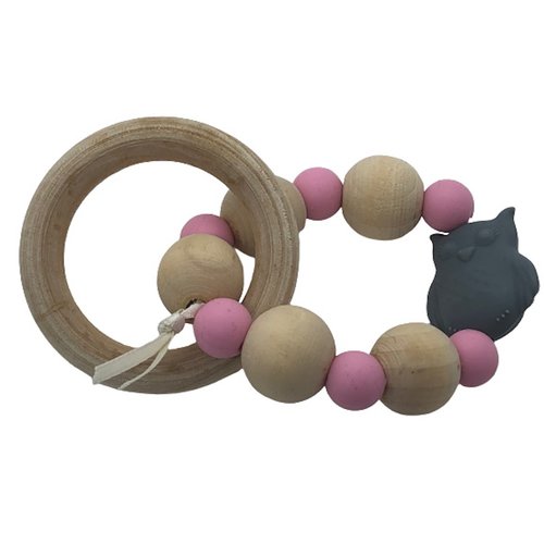 Anneau de dentition chouette / hibou beige et fuchsia inspiration montessori