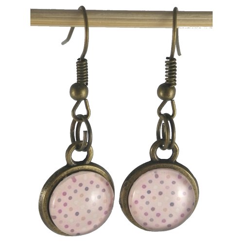 Boucles d'oreilles bronze et cabochon rose et pois