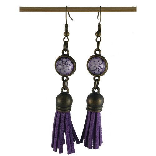 Boucles d'oreilles fleur mauve et pompon simili violet