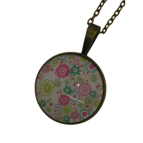 Collier / sautoir bronze et cabochon liberty rose et vert