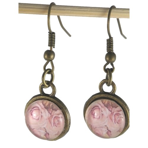 Boucles d'oreilles bronze et cabochon fleur de roses