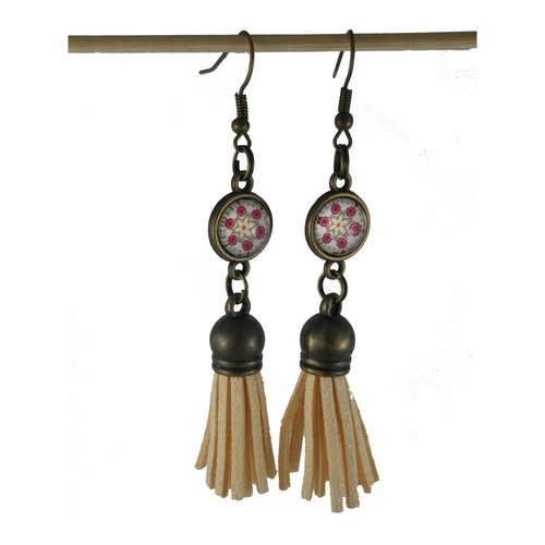 Boucles d'oreilles rosace jaune et rouge  fleurs et pompon simili cuir jaune