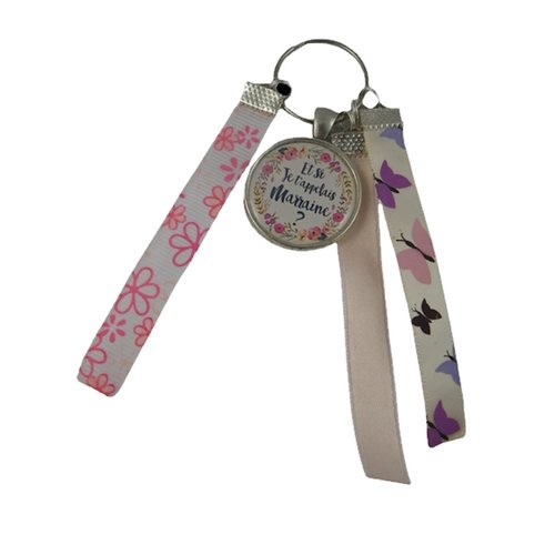 Porte clés rose fleurs et papillons "et si je t'appelais marraine ?"