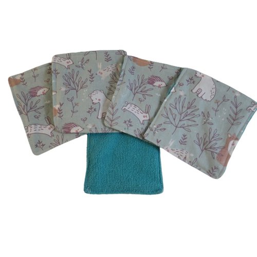 Lot de 5 lingettes démaquillantes / lingettes bébé vertes / bleues et petits animaux