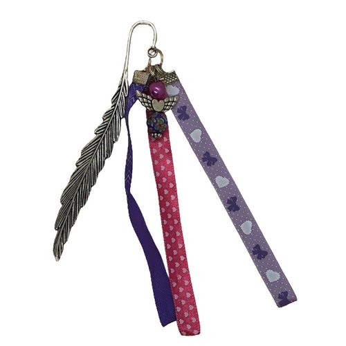 Marque page argenté et rubans violets et roses