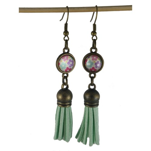 Boucles d'oreilles petites fleurs et pompon simili bleu / vert