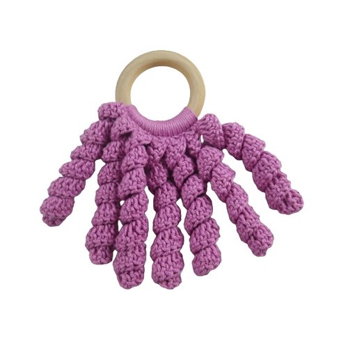 Anneau de dentition pieuvre rose bois et crochet