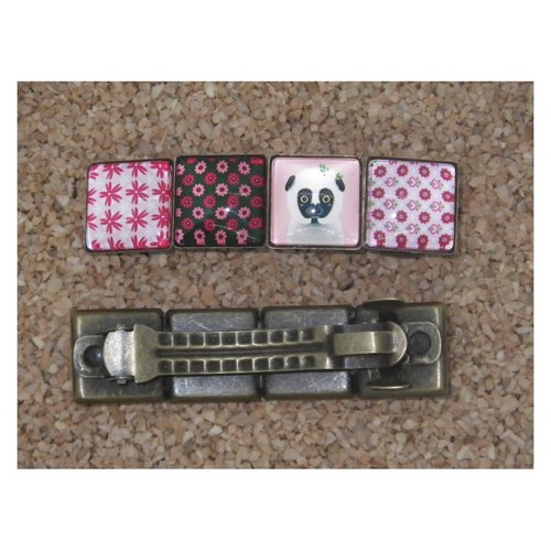 Barrette bronze panda cabochons carrés roses et rouges