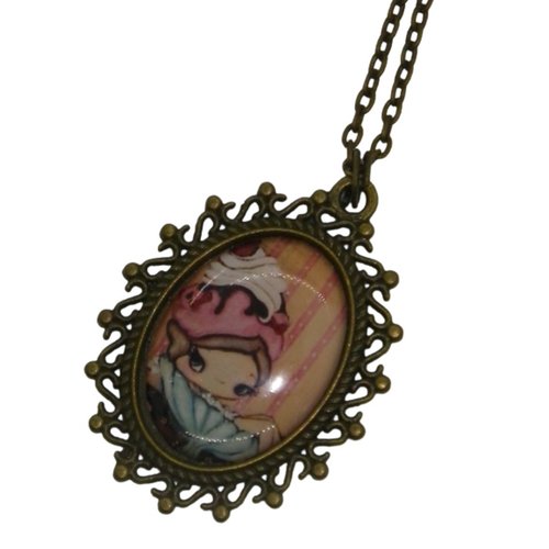 Collier / sautoir bronze et cabochon fillette et cupcake