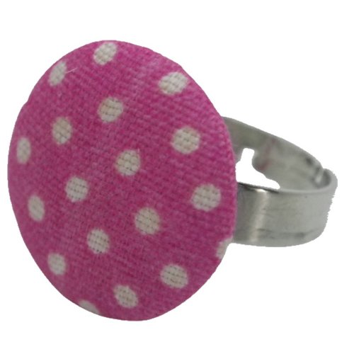 Bague argentée tissu rose fuchsia à pois blancs