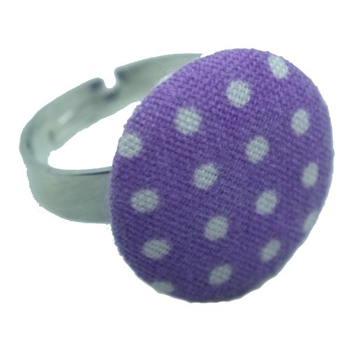 Bague argentée tissu violet  à pois blancs
