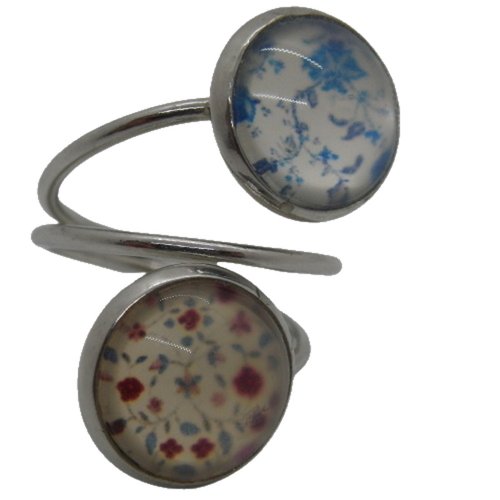 Bague double argentée cabochons bleue et rouges liberty