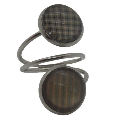 Bague double argentée cabochons marrons et bleus carreaux et rayures
