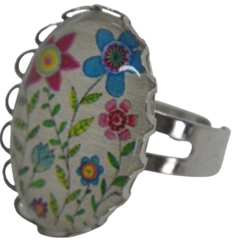 Bague argentée motif fleurs bleues et roses
