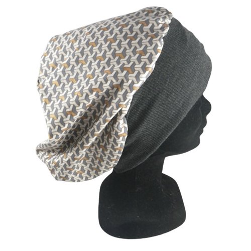 Bonnet de chimio gris, beige, blanc et doré