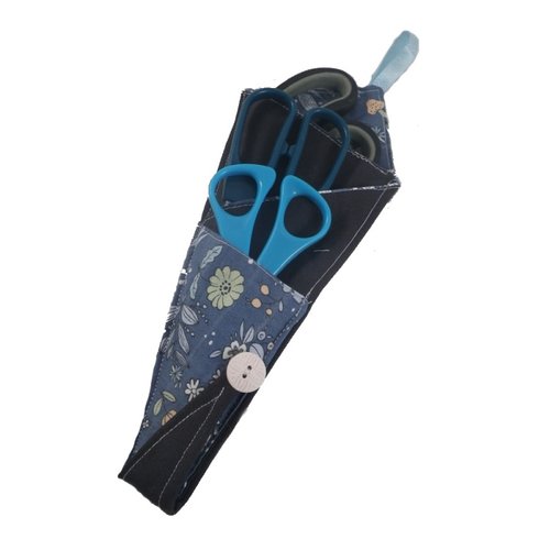 Etui pochette pour ciseaux bleue fleurie et noire