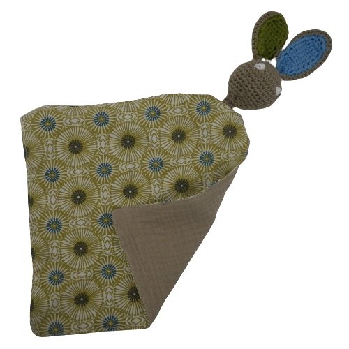 Doudou lapin bleu beige, vert et bleu