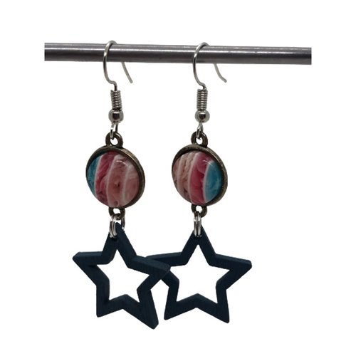 Boucles d'oreilles argent et cabochon rayures roses et bleues et étoile bleue