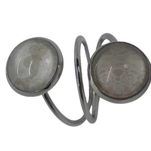 Bague double argentée cabochons beiges papillon