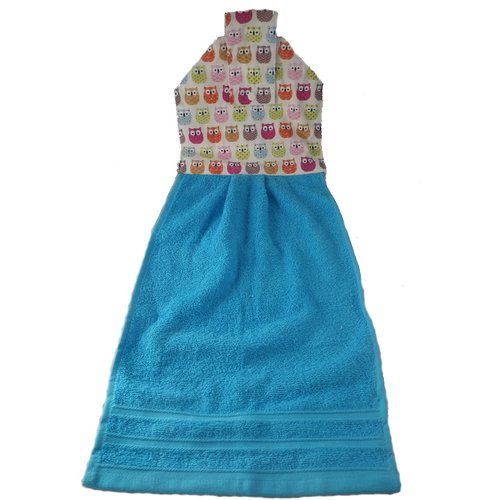 Essuie-mains bleu et chouettes multicolores