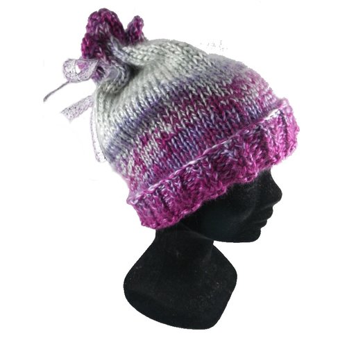 Bonnet  chiné rose / gris et son ruban