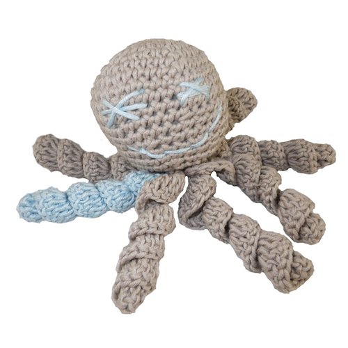 Pieuvre beige et bleu ciel au crochet pour nouveau-né