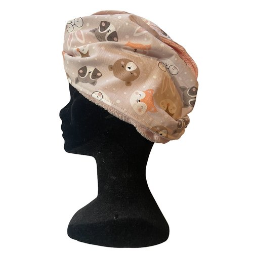 Serviette turban rose et beige petits animaux