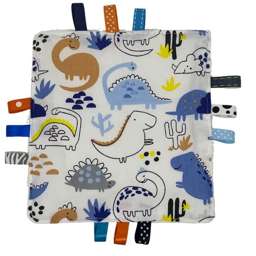 Doudou étiquettes bleu et dinosaures