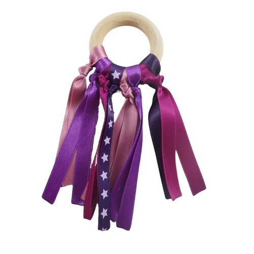 Hochet de dentition rubans violets et roses inspiration montessori