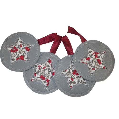 4 boules de noël en simili cuir gris et liberty gris et rouge