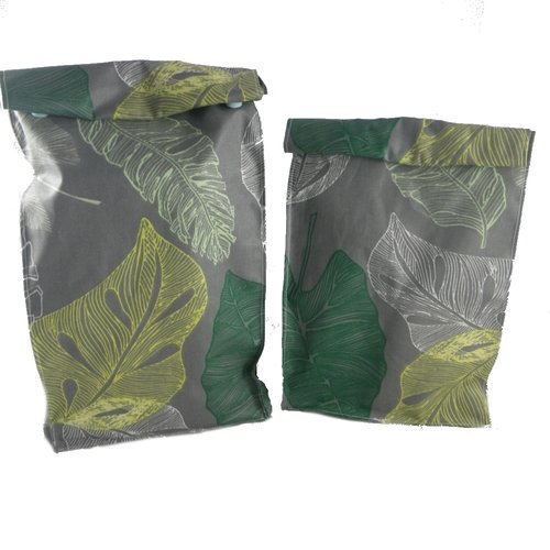 Lot de 2 lunch bag gris et feuilles vertes