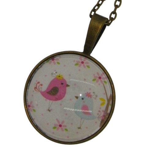 Collier / sautoir bronze et cabochon petits oiseaux