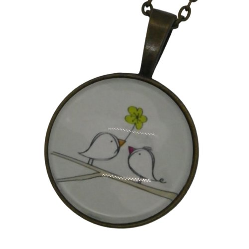 Collier / sautoir bronze et cabochon couple d'oiseaux