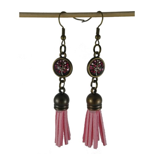 Boucles d'oreilles arbre rose et pompon simili cuir rose