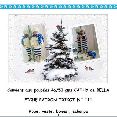 Fiche patron pdf n° cb111 vêtements à confectionner en tricot  poupée 48/50 cms cathy bella
