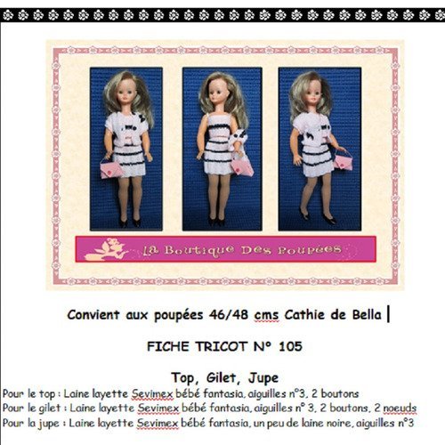 Fiche patron pdf n° cb105 vêtements tricot  poupée 48/50 cms cathy bella