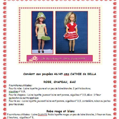 Fiche patron pdf n° cb101 vêtements tricot  poupée 48/50 cms cathy bella