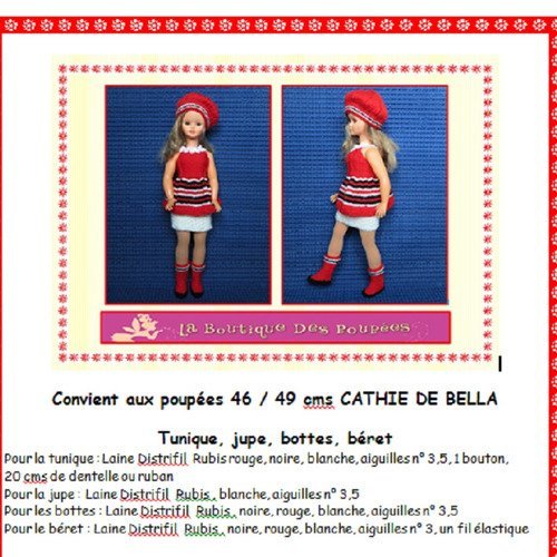 Fiche patron pdf n° cb103 vêtements tricot  poupée 48/50 cms cathy bella